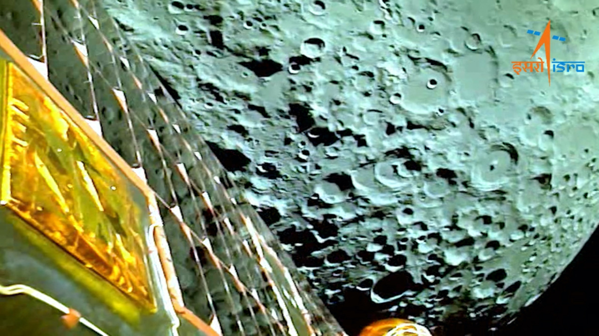 A view of the moon as viewed by the Chandrayaan-3 lander during Lunar Orbit Insertion on 5th August, 2023 in this screengrab from a video