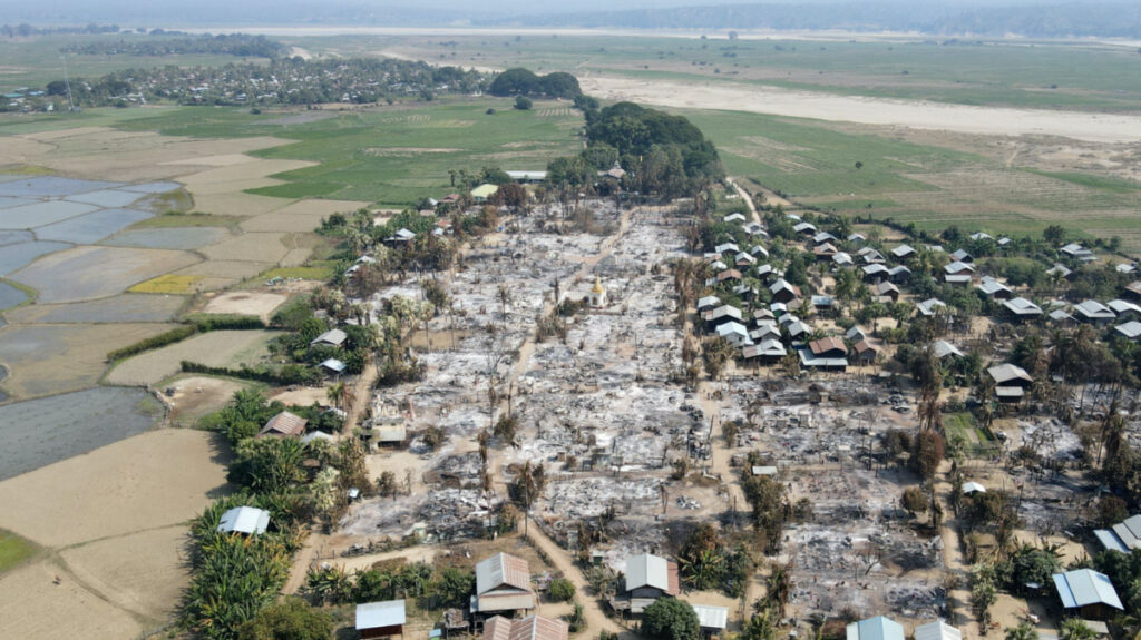 An aerial view of Bin village of the Mingin Township in Sagaing region after villagers say it was set ablaze by the Myanmar military, in Myanmar on 3rd February, 2022.