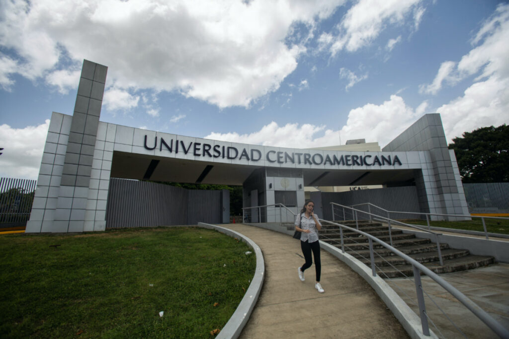 A woman leaves the Jesuit Central American University in Managua, Nicaragua, on 16th August, 2023.