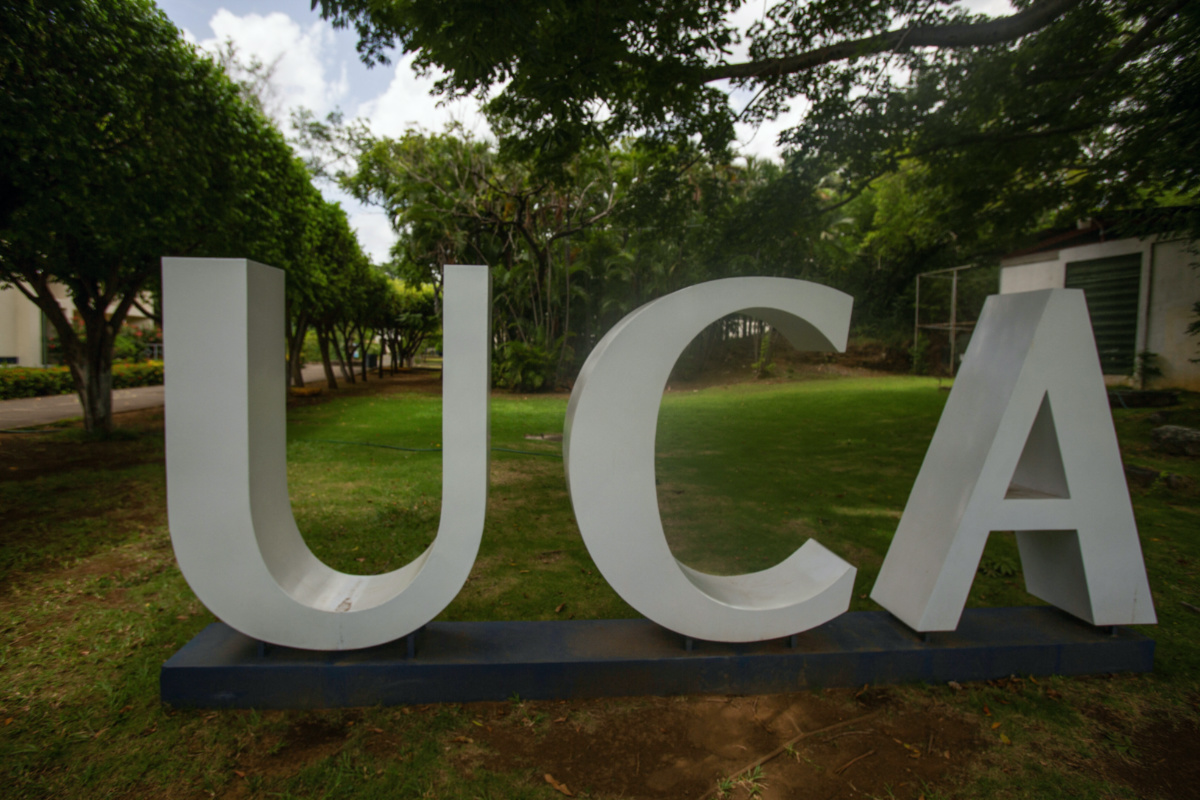 A sign of the Jesuit Central American University is seen in Managua, Nicaragua, on 16th August, 2023