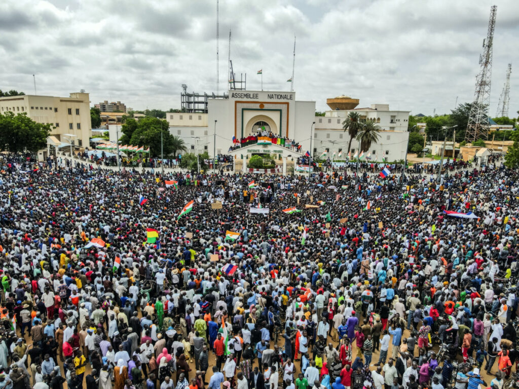 Thousands of anti-sanctions protestors gather in support of the putschist soldiers in the capital Niamey, Niger on 3rd August, 2023