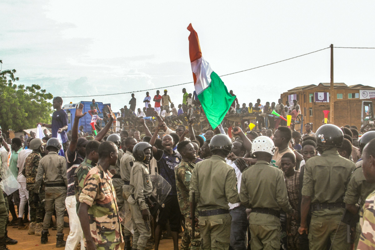 Niger's junta supporters take part in a demonstration in front of a French army base in Niamey, Niger, on 11th August, 2023.