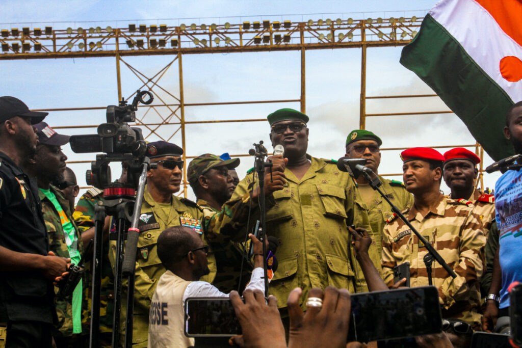 Members of a military council that staged a coup in Niger attend a rally at a stadium in Niamey, Niger, on 6th August, 2023.