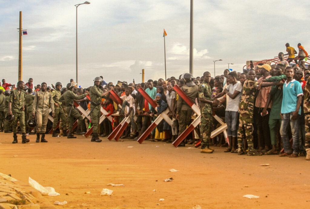 Niger's junta supporters take part in a demonstration in front of a French army base in Niamey, Niger, on 11th August, 2023.
