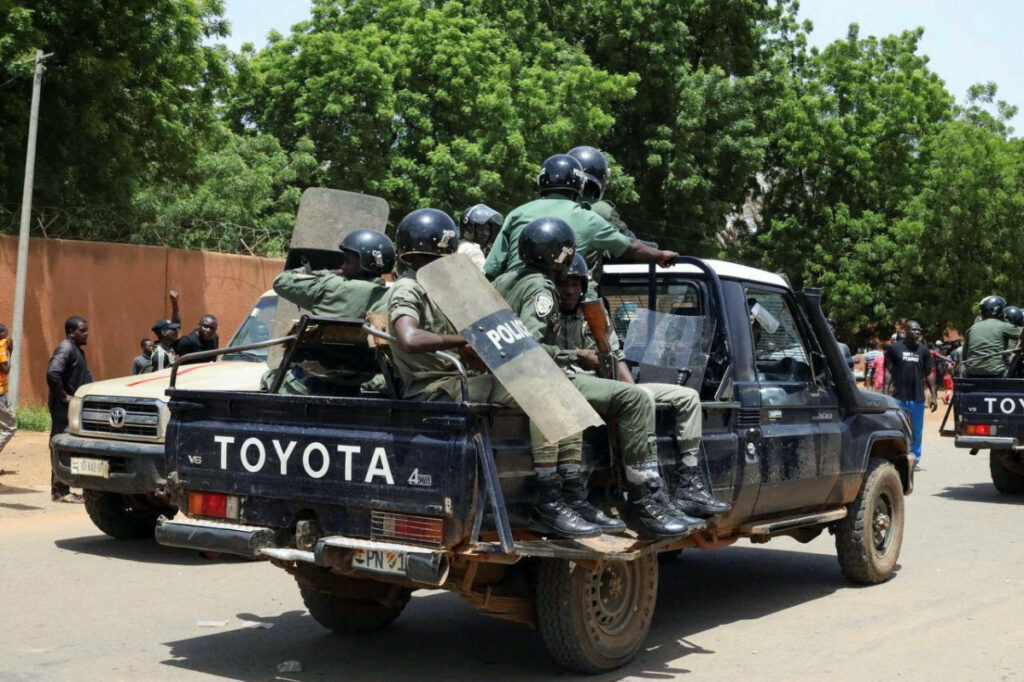 Nigerien security forces prepare to disperse pro-junta demonstrators gathered outside the French embassy, in Niamey, the capital city of Niger on 30th July, 2023.