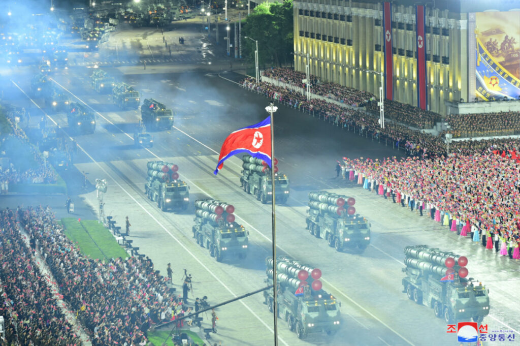 A view of missile launchers displayed during a military parade to commemorate the 70th anniversary of the Korean War armistice in Pyongyang, North Korea, on 27th July, 2023