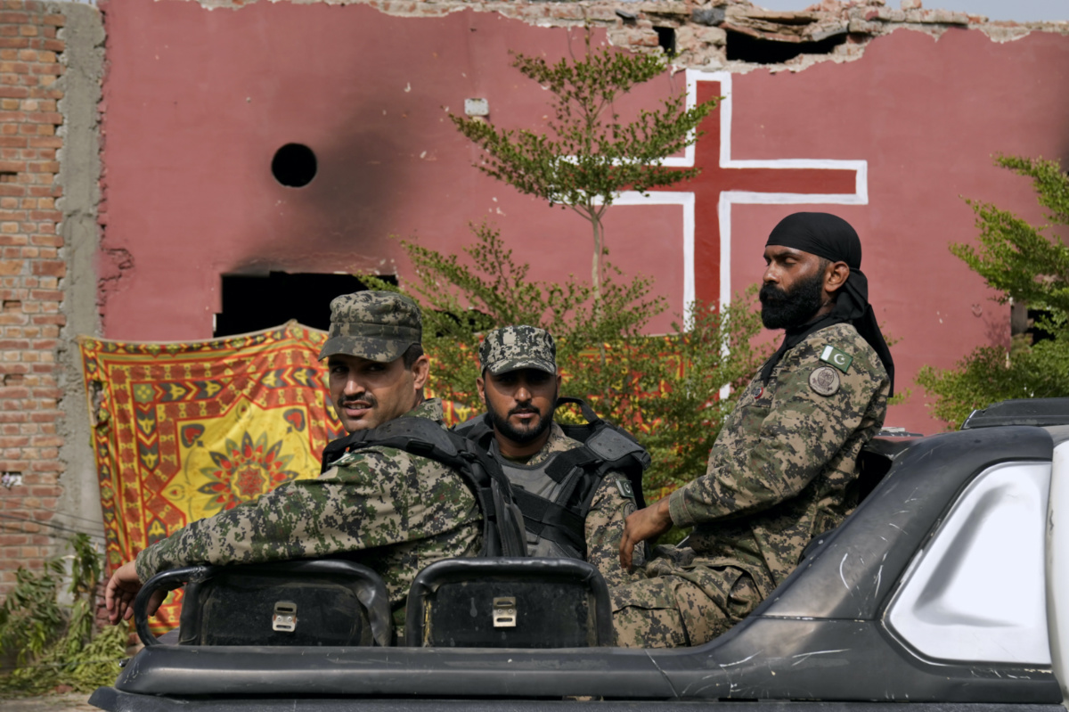 Paramilitary troops patrol after an angry Muslim mob attacked a Christian area in Jaranwala in the Faisalabad district, Pakistan, on Thursday, 17th August, 2023