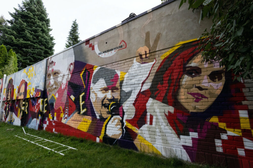 Faces of Belarusian political prisoners are painted on a graffiti in Warsaw, Poland, on 25th July, 2023.