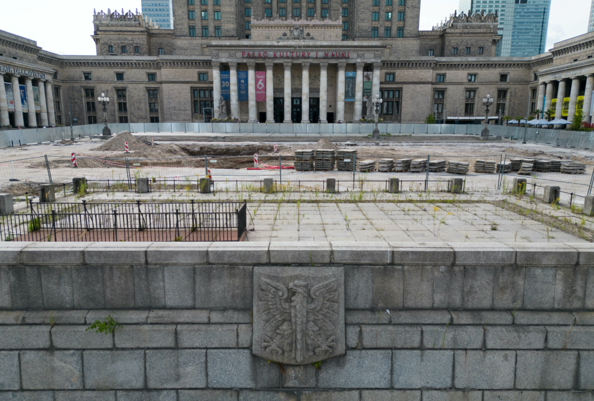 A platform which was used by communist dignitaries to watch parades is seen at a site where the remains of long-lost streets buried underground are uncovered during the construction of a square in front of Palace of Culture and Science in Warsaw, on 17th August, 2023
