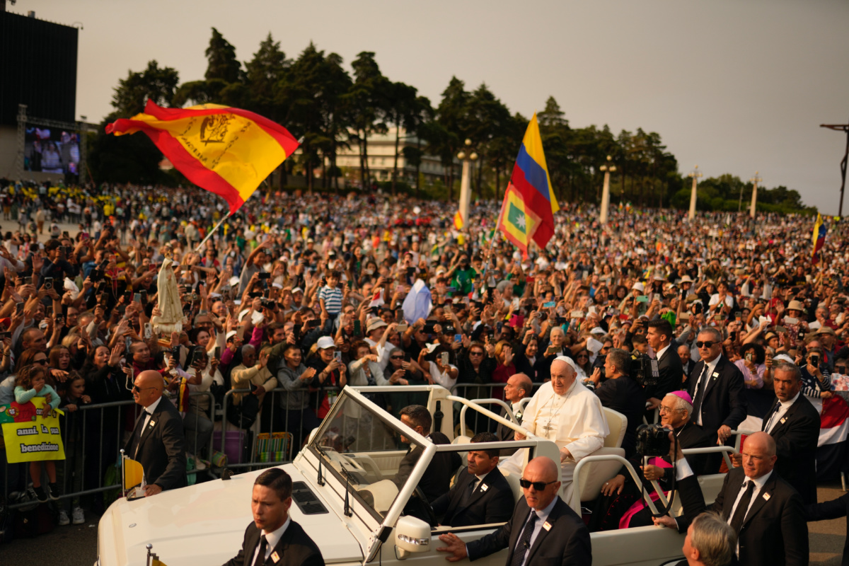 Pope Francis arrives at Our Lady of Fatima shrine in Fatima, central Portugal, Saturday, 5th August, 2023. 