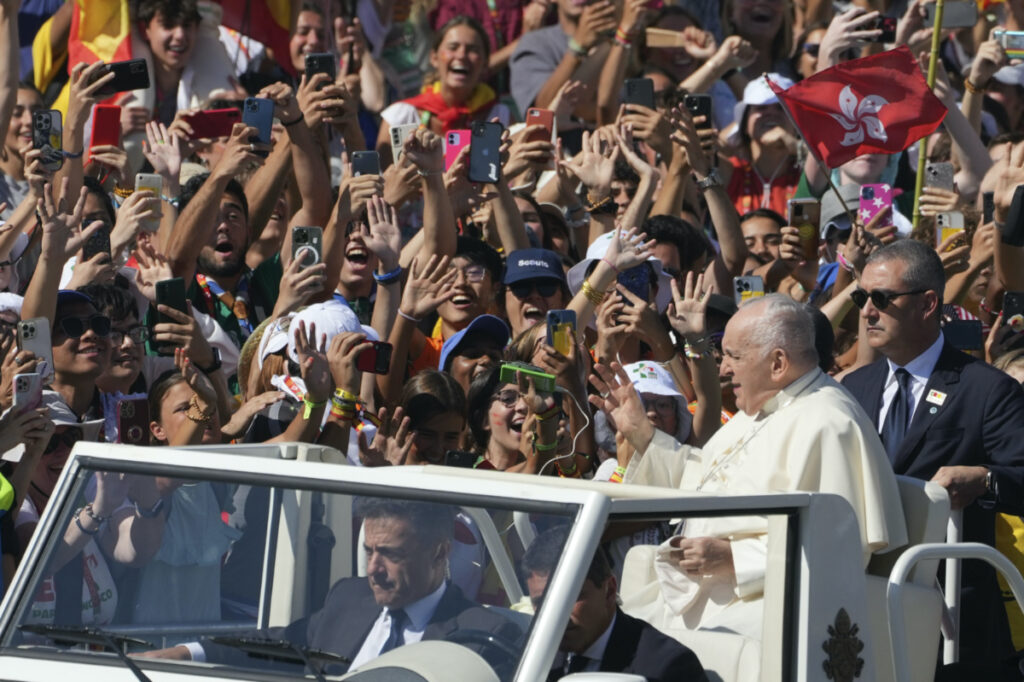 Pope Francis arrives as he attends a gathering at the Eduardo VII Park with young people participating into the 37th World Youth Day, in Lisbon, Thursday, on 3rd August, 2023