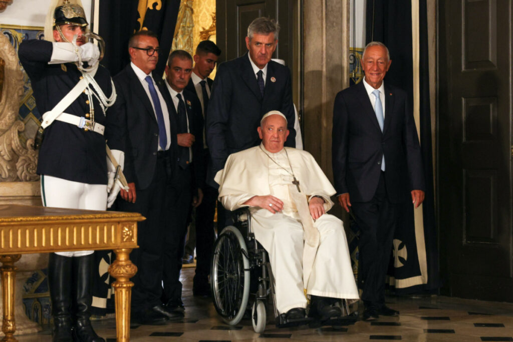 Pope Francis accompanied by Portugal's President Marcelo Rebelo de Sousa (R) at the end of a meeting at Belem Palace in Lisbon, Portugal, on 2nd August 2023.