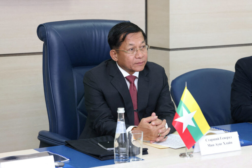 Myanmar's Prime Minister and State Administrative Council Chairman Min Aung Hlaing attends a meeting with Director General of Roscosmos Dmitry Rogozin in Moscow, Russia, on 12th July, 2022