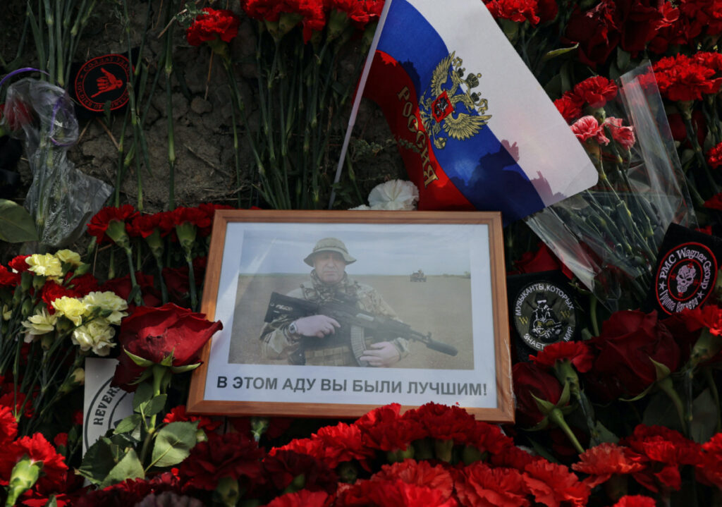 A view shows a portrait of Wagner mercenary chief Yevgeny Prigozhin at a makeshift memorial near former PMC Wagner Centre in Saint Petersburg, Russia, on 25th August, 2023