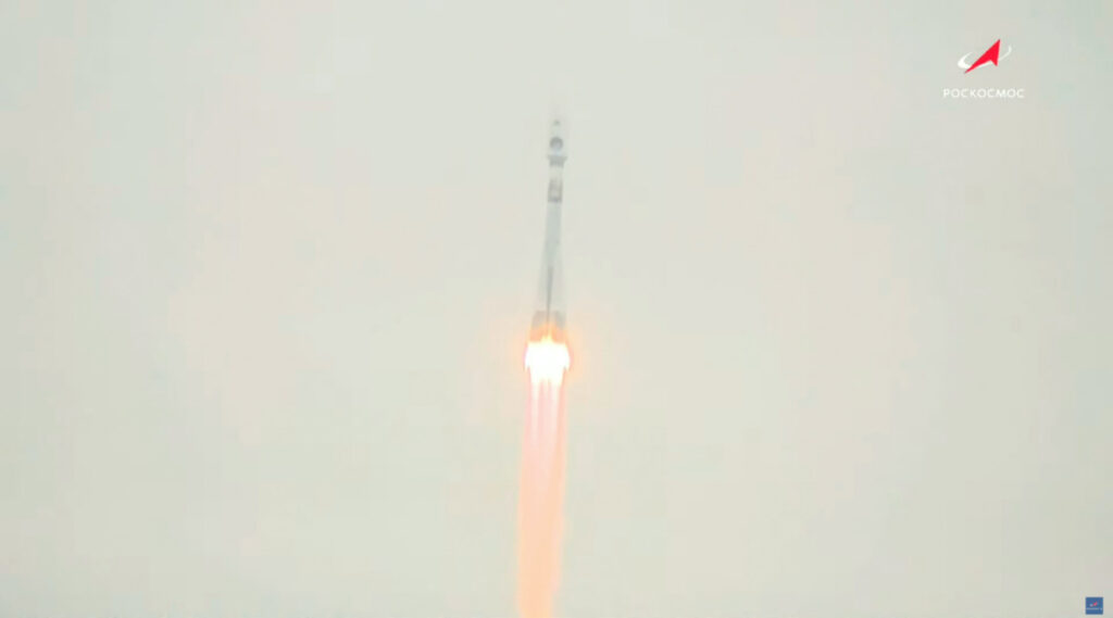 A Soyuz-2.1b rocket booster with a Fregat upper stage and the lunar landing spacecraft Luna-25 blasts off from a launchpad at the Vostochny Cosmodrome in the far eastern Amur region, Russia, in this still image from video taken on 11th August, 2023.