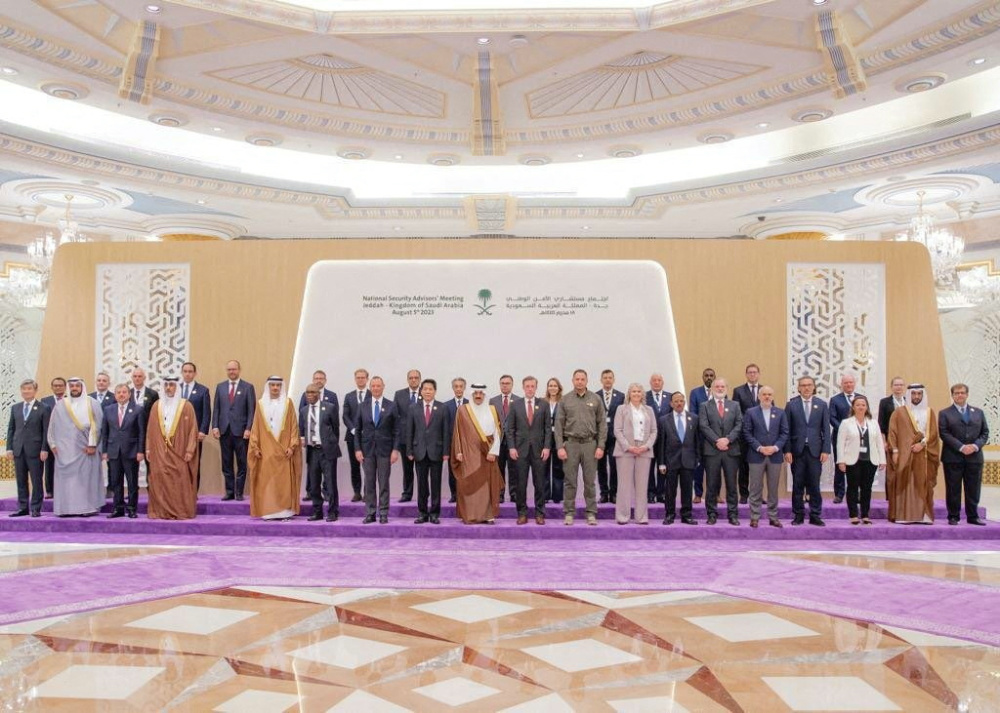 Representatives from more than 40 countries including China, India, and the US, pose for a family picture as they attend talks in Jeddah, Saudi Arabia, on 6th August, 2023, to make a headway towards a peaceful end to Russia's war in Ukraine.
