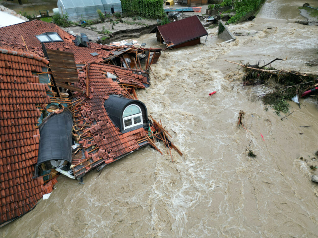 A view of a damaged building in a flooded area, following heavy rains, in Prevalje, Slovenia, on 6th August, 2023.