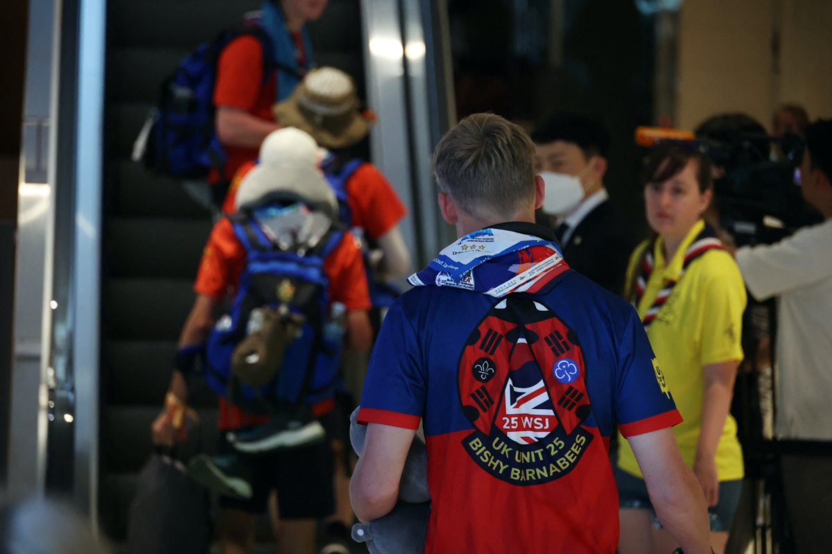 British participants who left a camping site of the 25th World Scout Jamboree arrive at a hotel in Seoul, South Korea, on 5th August, 2023. 
