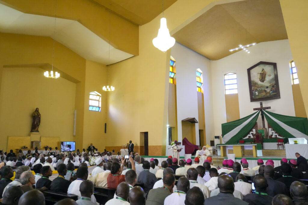 Pope Francis delivers his speech as he meets with priests, deacons, consecrated people and seminarians at the Cathedral of Saint Theresa in Juba, South Sudan, on Saturday, 4th February, 2023.