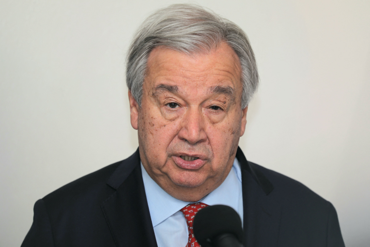 United Nations Secretary-General Antonio Guterres speaks during a press conference at the diplomatic lounge of the Toussaint Louverture International Airport, in Port-au-Prince, Haiti, on 1st July, 2023