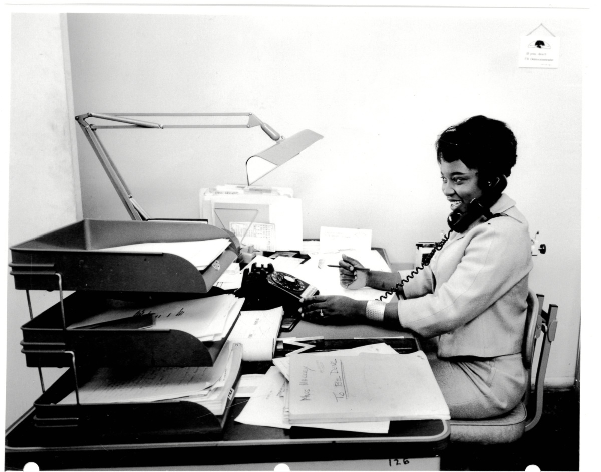 Willie Pearl Mackey King at her desk at the Southern Christian Leadership Conference office in Atlanta in 1963