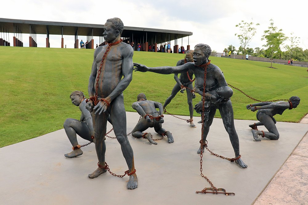 An art installation of slaves at The National Memorial for Peace and Justice by artist Kwame Akoto-Bamfo in Montgomery, Alabama