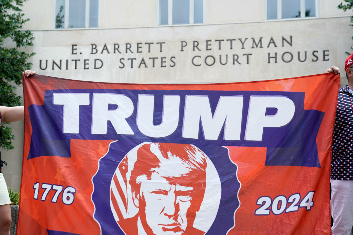 A banner in support of former US President Donald Trump, who is facing federal charges related to attempts to overturn his 2020 election defeat, is seen outside E Barrett Prettyman United States Courthouse, in Washington, US, on 3rd August, 2023.