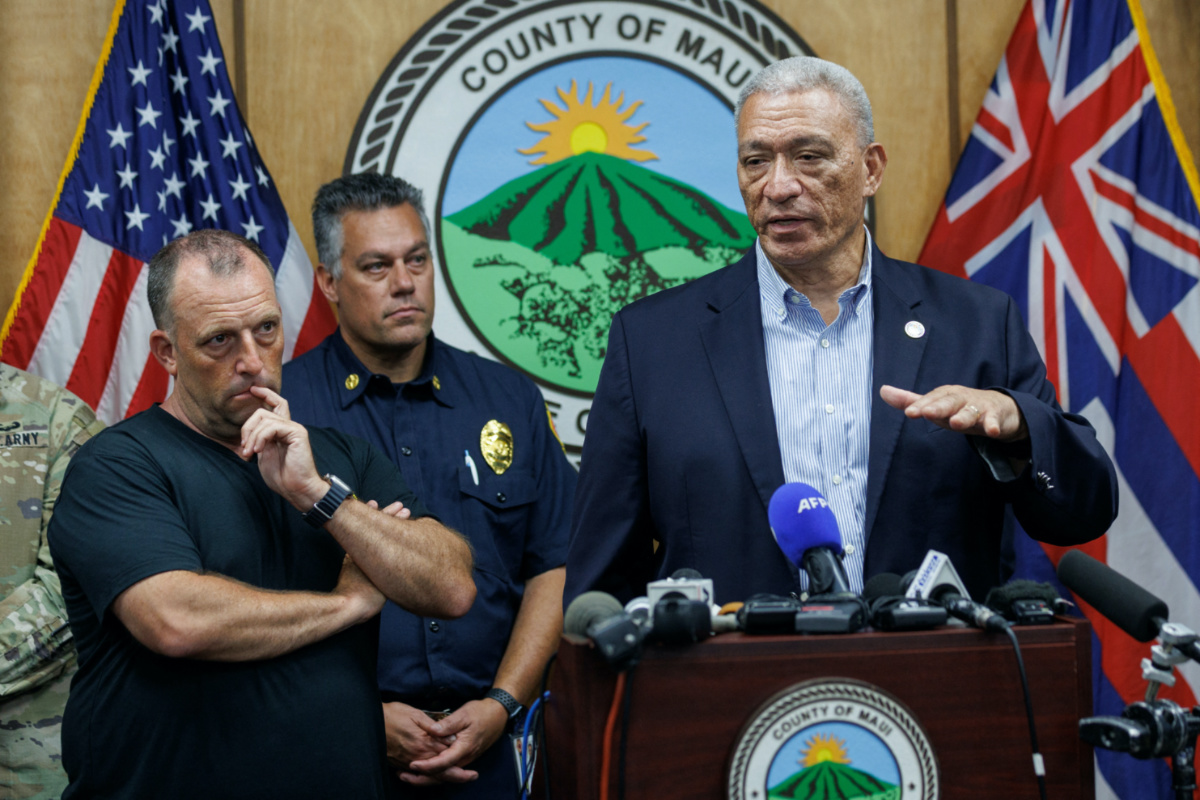 Hawaii's Governor Josh Green looks on as Maui County mayor Richard Bissen speaks about the Maui fire during a media conference in Kahului on Maui island, Hawaii, US, on 12th August, 2023. 