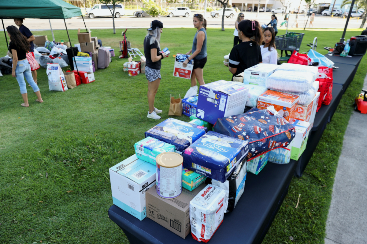 Donations for the victims of the Maui wildfires pile up at a site organized by the Ward Village Moms and Dads group, in Honolulu, Hawaii, US, on 12th August, 2023.