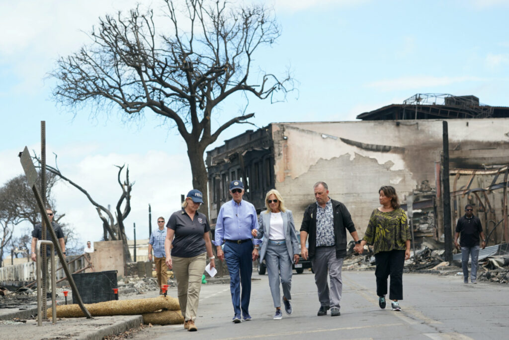 US President Joe Biden and first lady Jill Biden accompanied by Hawaii Governor Josh Green and Jaime Green, First Lady of Hawaii, visit the fire-ravaged town of Lahaina on the island of Maui in Hawaii, US, on 21st August, 2023
