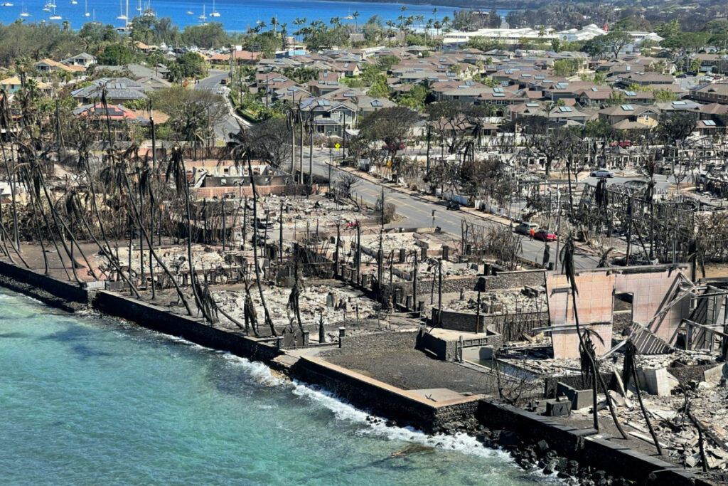 The shells of burned houses and buildings are left after wildfires driven by high winds burned across most of the town in Lahaina, Maui, Hawaii, US, on 11th August, 2023