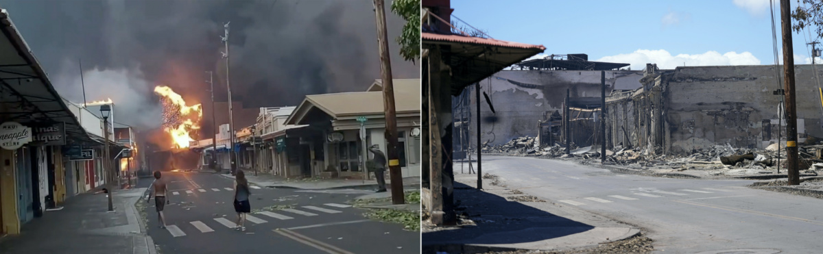 This photo combo shows from left, Front Street in Downtown Lahaina, Hawaii on Tuesday, 9th August, 2023, and Saturday, 12th August, 2023.