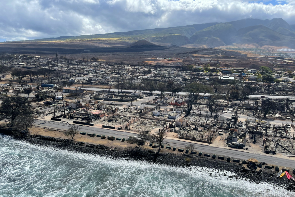 The shells of burned houses and buildings are left after wildfires driven by high winds burned across most of the town in Lahaina, Maui, Hawaii, US, on 11th August, 2023.