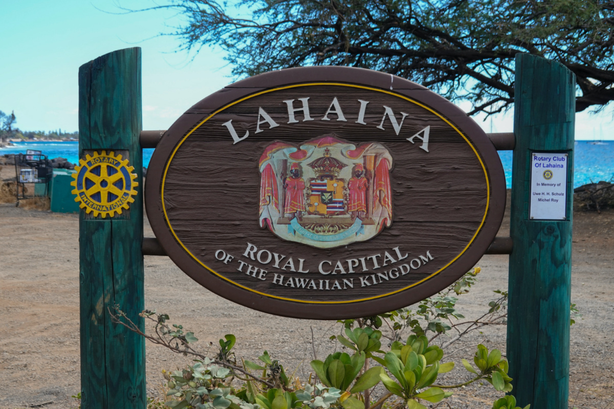 A general view of a sign along the highway while entering the fire ravaged beach town of Lahaina on the island of Maui in Hawaii, US, on 15th August, 2023