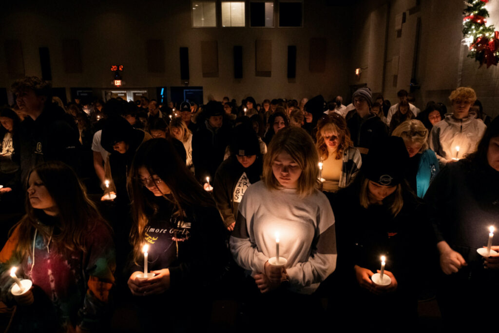 Students of Oxford High School and other schools in the area, along with community members, gather for a candlelight prayer vigil at Bridgewood Church to pray for the community, a day after a deadly shooting at Oxford High School in Oxford, Michigan, in Clarkston, Michigan, US, 1st December, 2021.