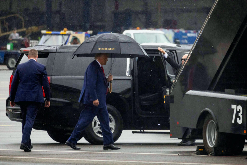 Former US President Donald Trump, who was arraigned on federal charges related to attempts to overturn his 2020 election defeat, prepares to depart Washington at Reagan Washington National Airport in nearby Arlington, Virginia, US, on 3rd August, 2023.