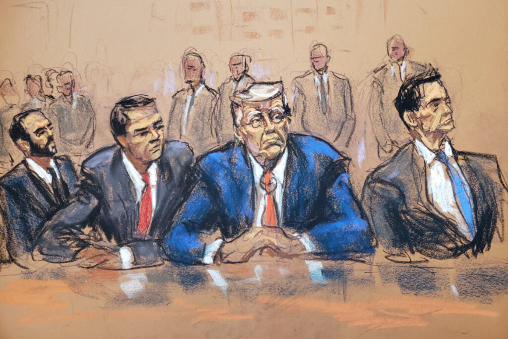 Former US President Donald Trump sits between his attorneys Todd Blanche and John Lauro as he faces charges before Magistrate Judge Moxila A Upadhyaya that he orchestrated a plot to try to overturn his 2020 election loss, at federal court in Washington, US, on 3rd August, 2023 in a courtroom sketch.