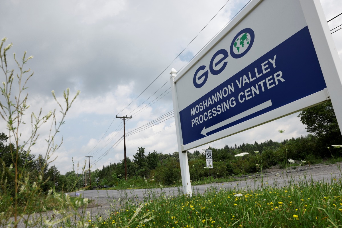 A sign marks the entrance to the Moshannon Valley Processing Center, a former prison repurposed as an immigration detention facility operated by the GEO Group under contract with the US Immigration and Customs Enforcement, in Philipsburg, Pennsylvania, US, on 27th July, 2023