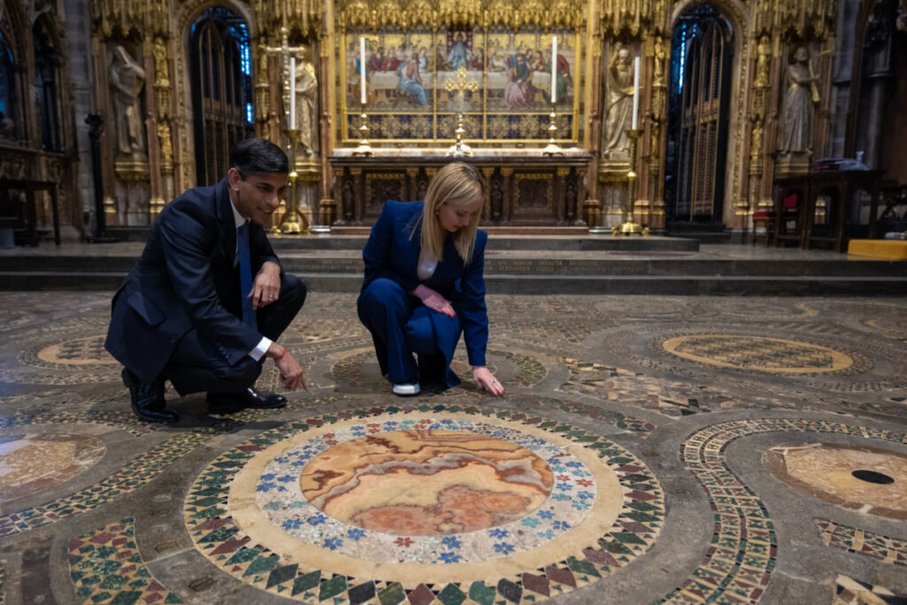 The Prime Minister Rishi Sunak visits Westminster Abbey with the Prime Minister of Italy Giorgia Meloni where they were shown the Cosmati Pavement