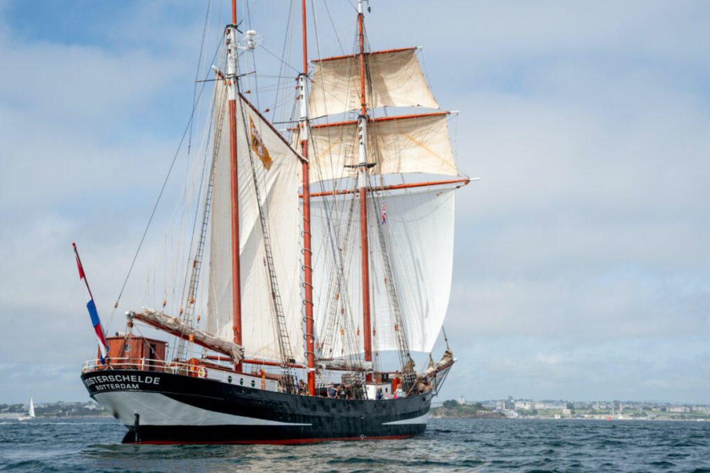 A general view of the ship 'Oosterschelde', launched by the planetary conservation mission DARWIN200, which is to set sail on August 15, in Plymouth, Britain, on 11th August, 2023.