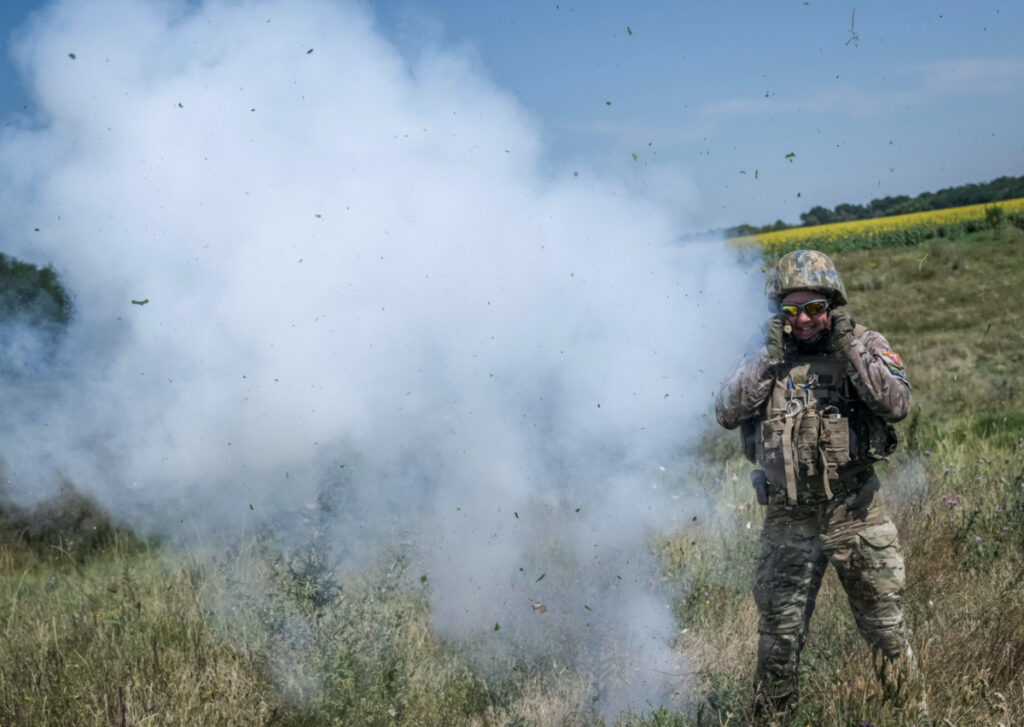 A sapper of 128th separate territorial defence brigade of the Armed Forces of Ukraine takes part in a training, amid Russia's attack on Ukraine, in Donetsk region, Ukraine, on 2nd August, 2023.