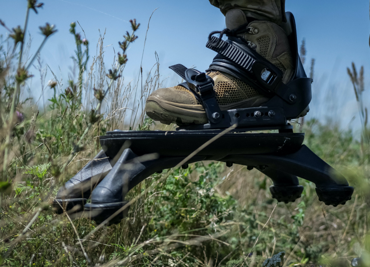 A sapper of 128th separate territorial defense brigade of the Armed Forces of Ukraine wearing "spider boots", a protection system that prevents or minimises feet and legs injury, takes part in a training, amid Russia's attack on Ukraine, in Donetsk region, Ukraine, on 2nd August, 2023
