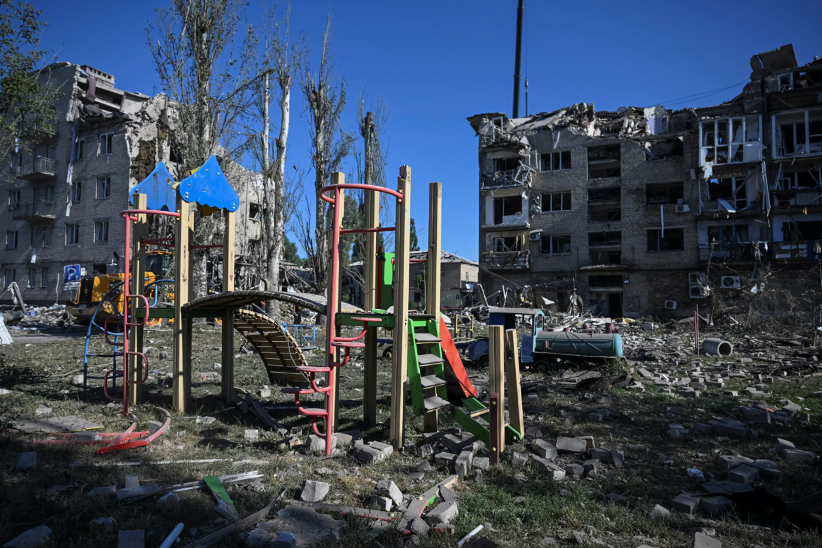 A view shows residential buildings damaged by a Russian missile strike, amid Russia's attack on Ukraine, in Pokrovsk, Donetsk region, Ukraine, on 8th August, 2023.
