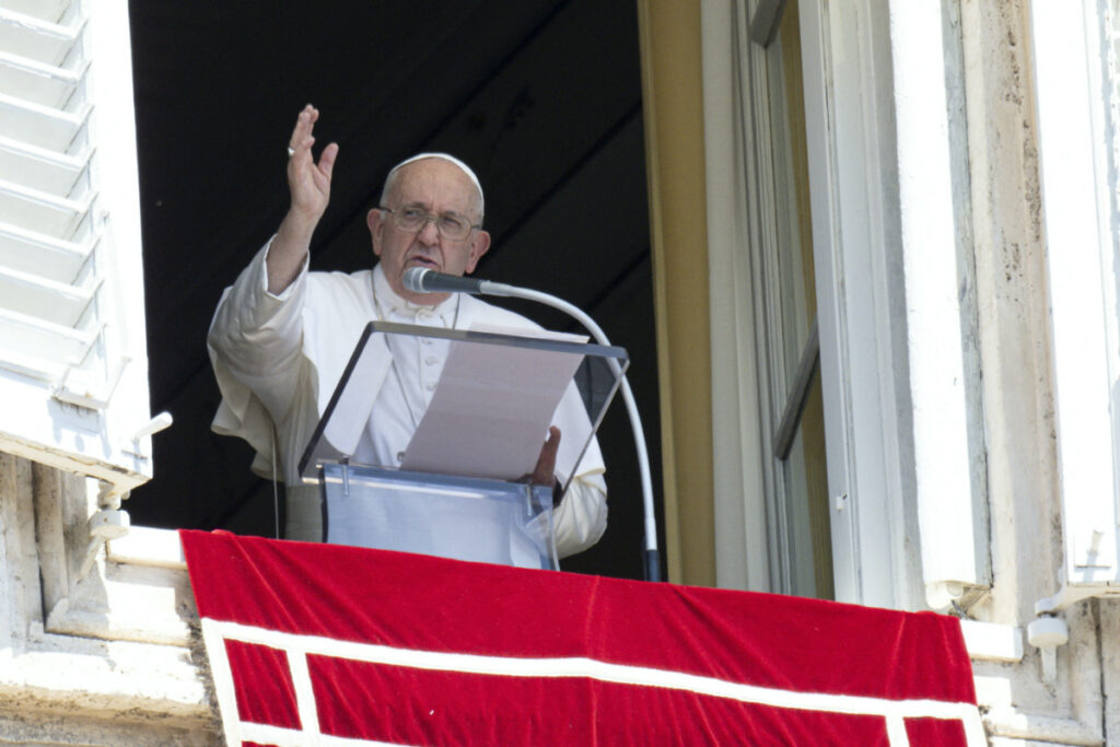 Pope Francis leads the Angelus prayer from his window at the Vatican, on 13th August, 2023