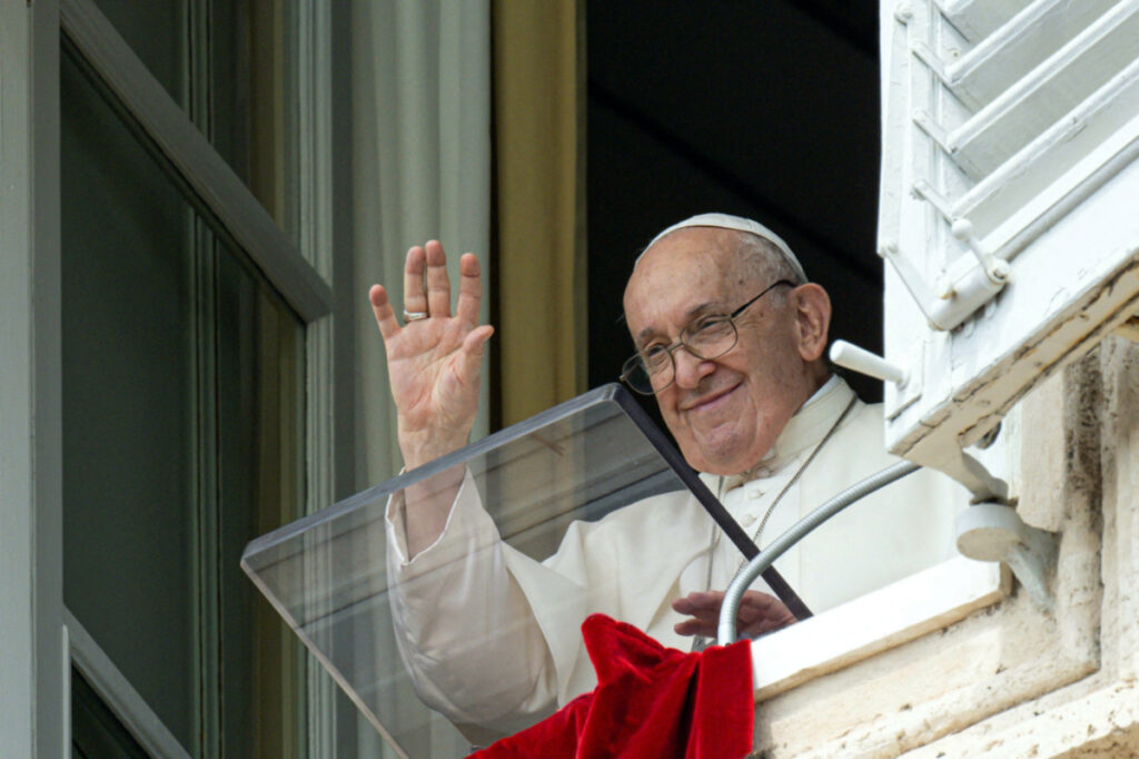 Pope Francis leads the Angelus prayer from his window at the Vatican, on 27th August, 2023