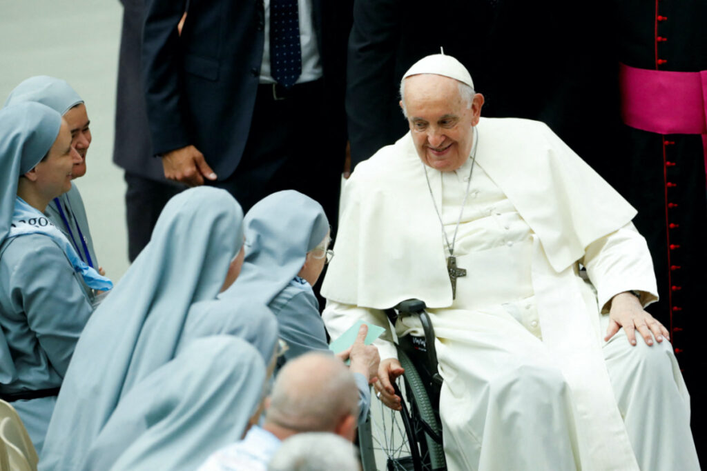 Pope Francis attends a meeting with nuns of Sisters Disciples of Jesus in the Eucharist in Paul VI hall, at the Vatican, on 25th August, 2023