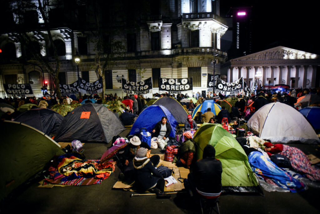 Demonstrators camp outside the Casa Rosada Presidential Palace, as unemployed and informal workers protest to demand more subsidies from the national government, at Plaza de Mayo in Buenos Aires, Argentina, on 19th April, 2023