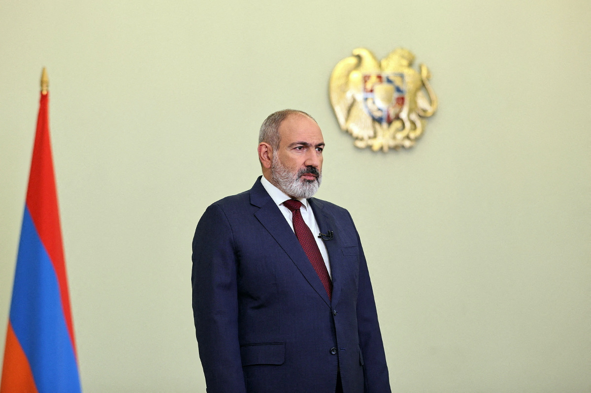 Armenian Prime Minister Nikol Pashinyan gives a televised address to citizens on the national independence day, in Yerevan, Armenia, in this picture released on 21st September, 2023.