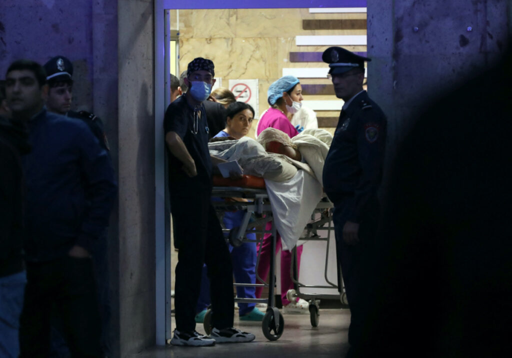 Medics assist a person injured in an explosion at a fuel depot near Stepanakert in the Nagorno-Karabakh region, at the National Burn Center in Yerevan, Armenia, on 26th September, 2023.