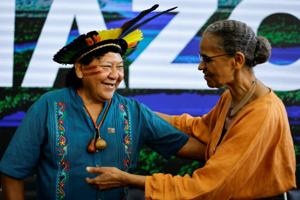 Brazil's Environment Minister Marina Silva meets Davi Kopenawa, chief of the Yanomami, after a ceremony to commemorate Amazon Day, at the Planalto Palace in Brasilia, Brazil, on 5th September, 2023.
